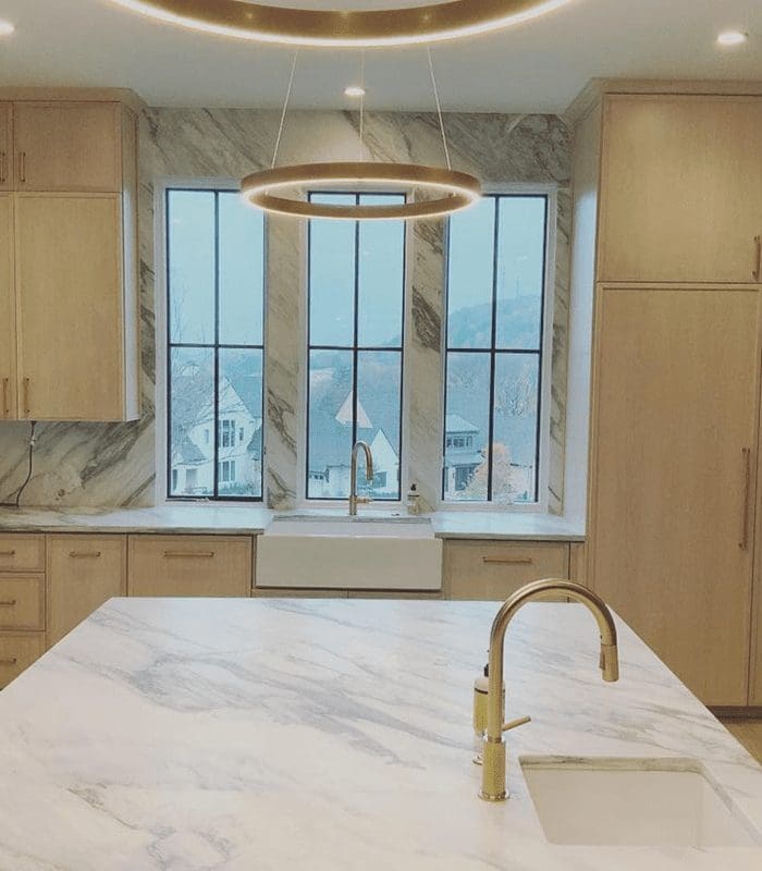 marble countertop and backsplash in kitchen